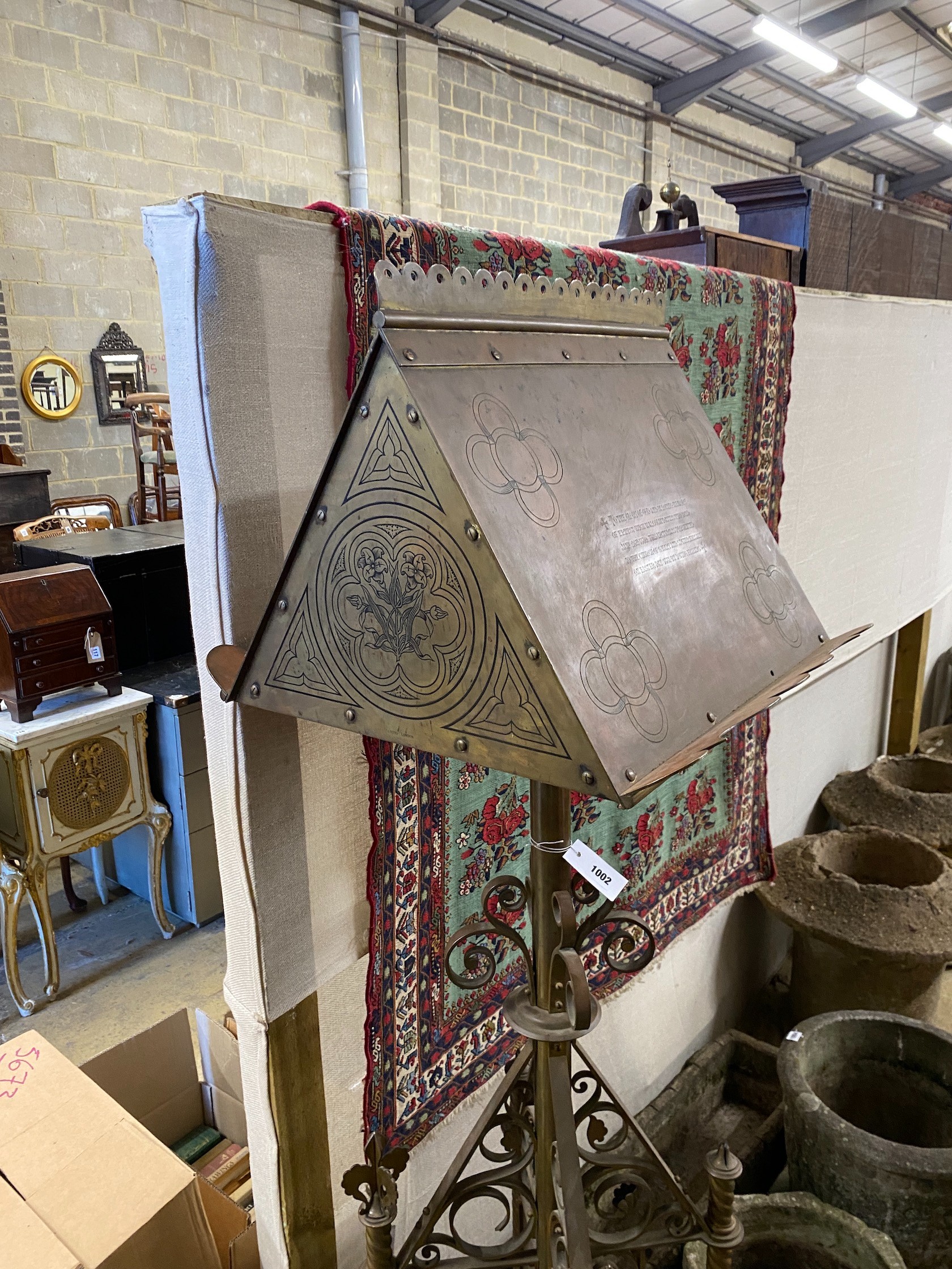 A Victorian brass ecclesiastical lectern by Pratt & Son, London with presentation inscription dated 1881, height 173cm